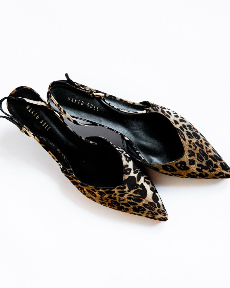 Lola Leopard Satin Slingback Heels Pointed Toe Detail