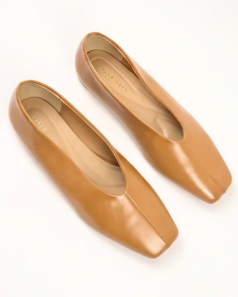 Olivia Glove Ballet Flat in Camel – high-cut vamp and centre seam detail