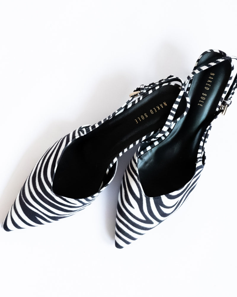 Lola Zebra Suede Slingback Heels Pointed Toe Detail