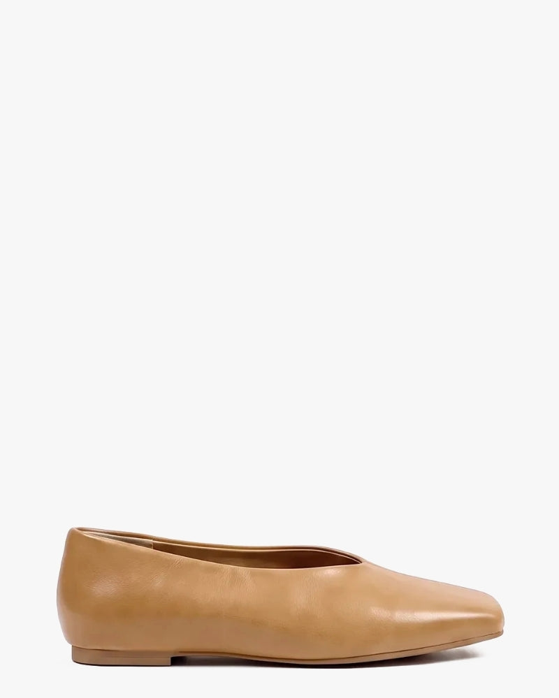 Olivia Glove Ballet Flat in Camel – glove-style upper with centre seam detail, women's sizes 10–15