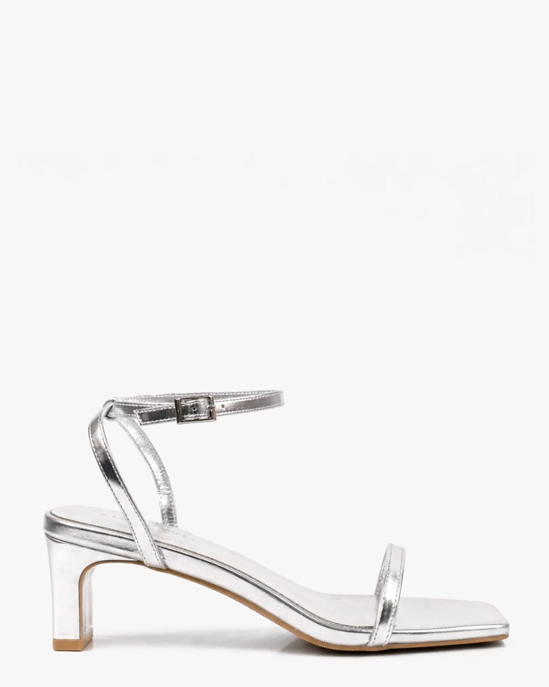 Alice Strappy Heel in Silver – mirror silver block heel with toe and ankle strap, women's sizes 10–15