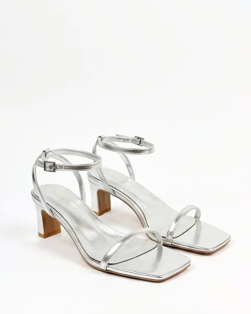 Alice Strappy Heel in Silver – single toe strap and adjustable ankle strap detail