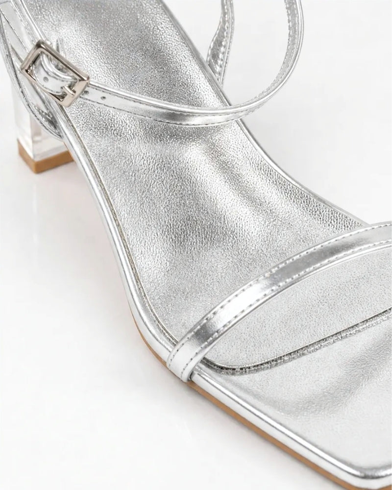 Alice Strappy Heel in Silver – slim rectangular block heel