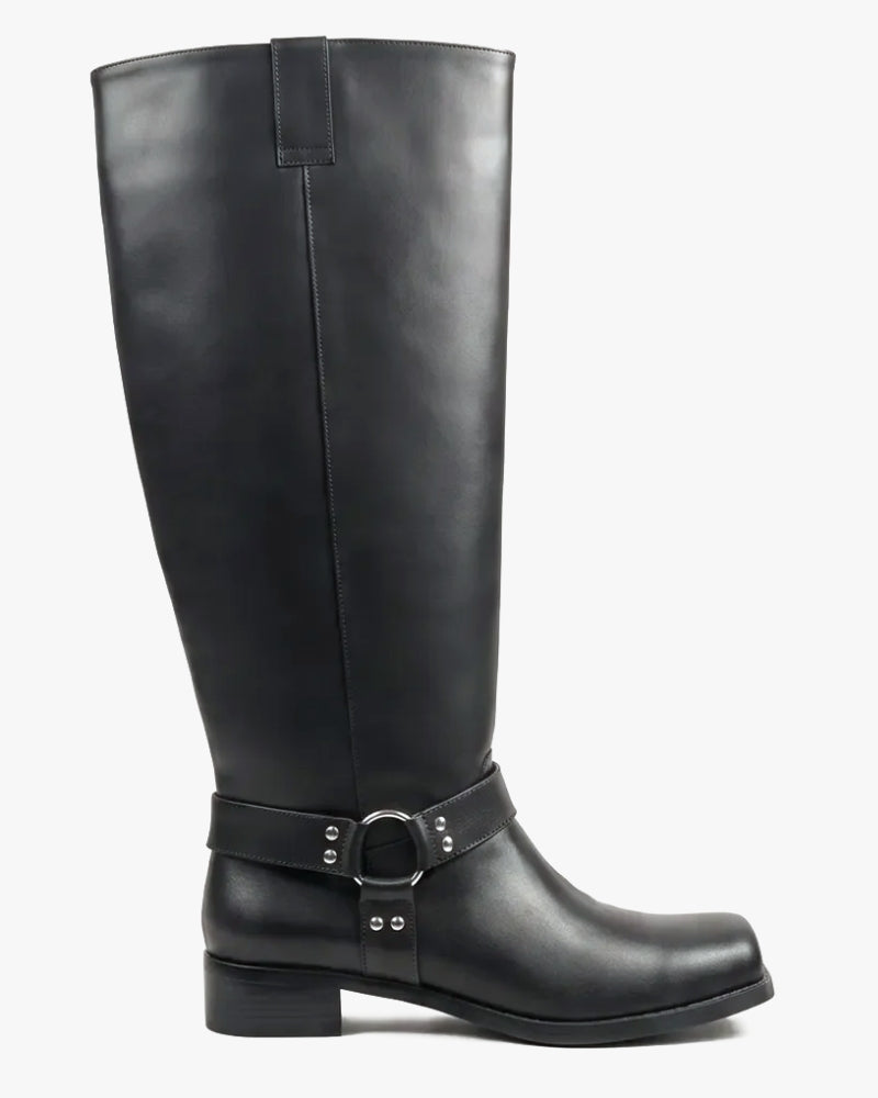 Ari Knee High Boot in Midnight Black – silver-tone hardware detail, women's sizes 10–15