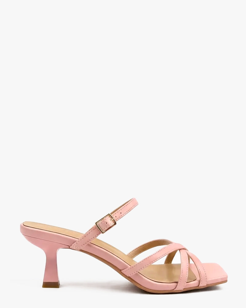Camellia Strappy Heel in Ballet Pink – crossover toe strap and sculpted flared heel, women's sizes 10–15
