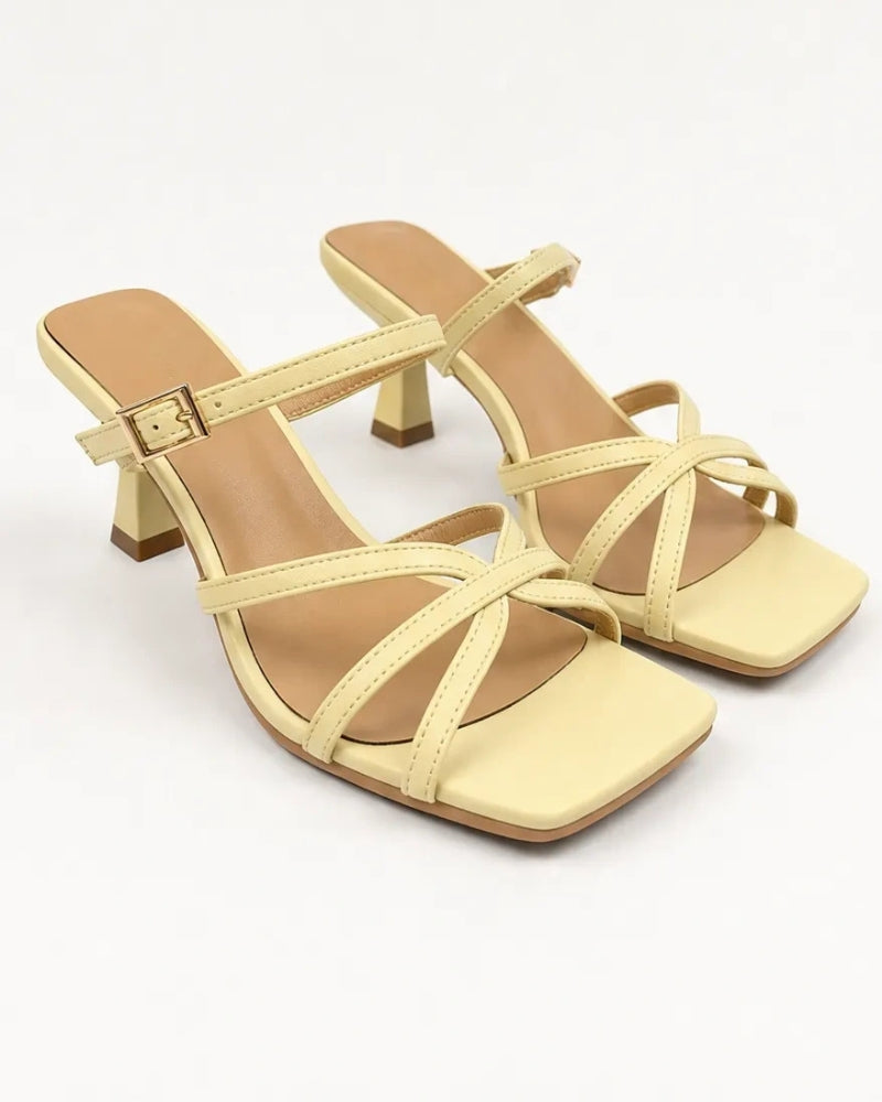 Camellia Strappy Heel in Butter Yellow – crossover multi-strap toe detail