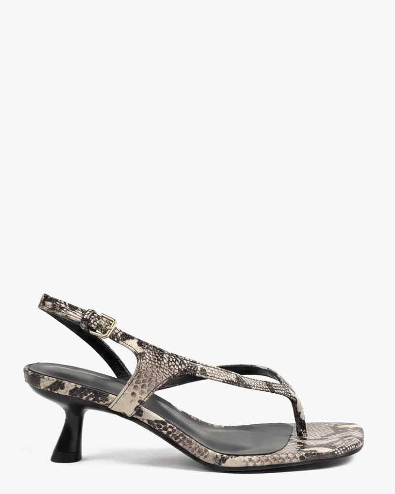 Harper Thong Heel in Stone Python – snakeskin-effect strap heel with sculpted 5cm kitten heel