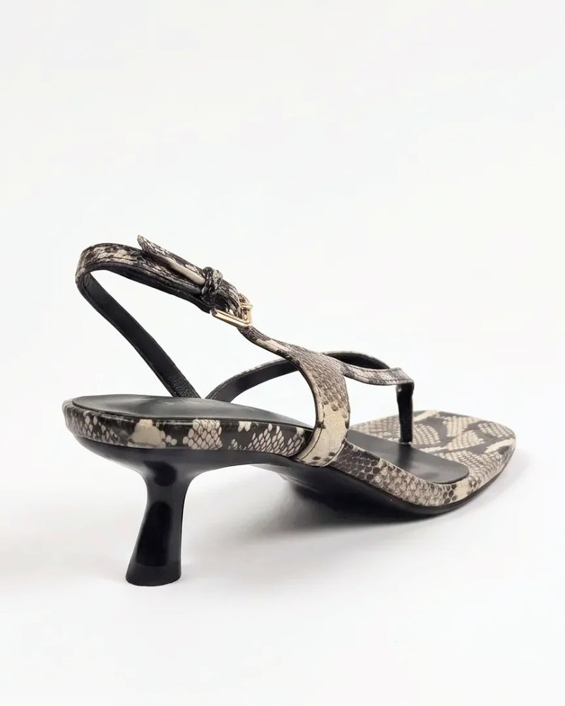 Harper Thong Heel in Stone Python – square open toe with soft cushioned footbed