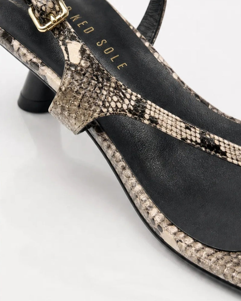 Harper Stone Python Heel – sculpted asymmetric strap detailing