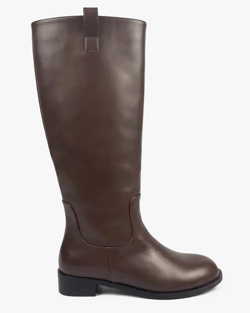 Ivy Knee High Boot in Espresso – matte leather finish, pull-on design, women's sizes 10–15