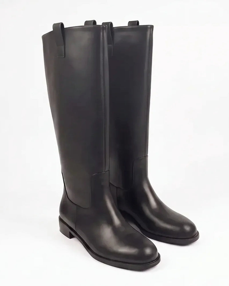 Ivy Knee High Boot in Midnight Black – dual pull tab detail