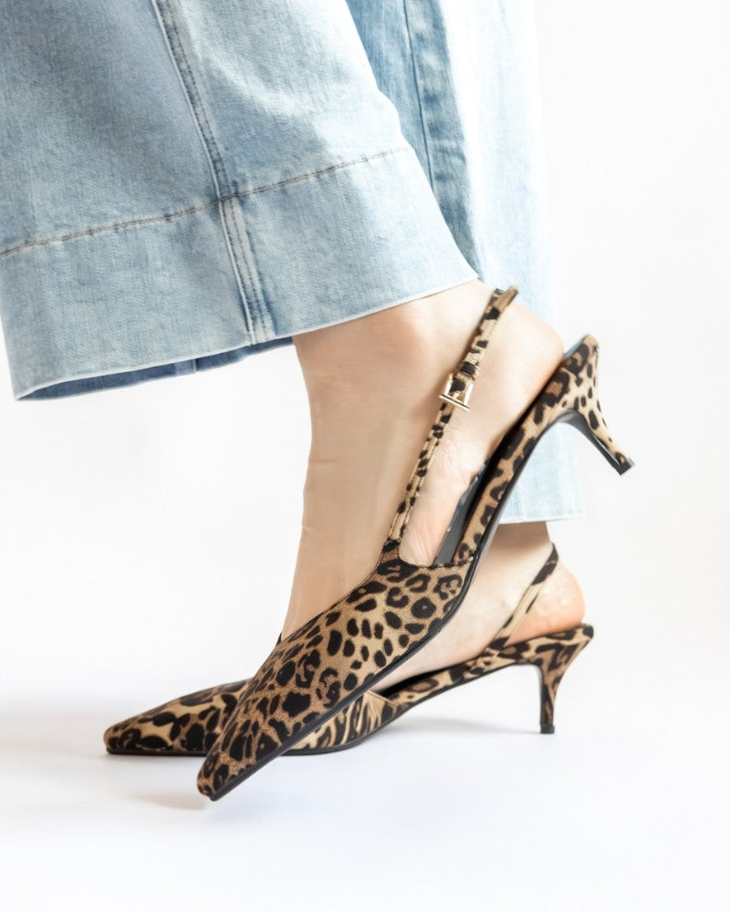 Lola Leopard Satin Slingback Heels Side View