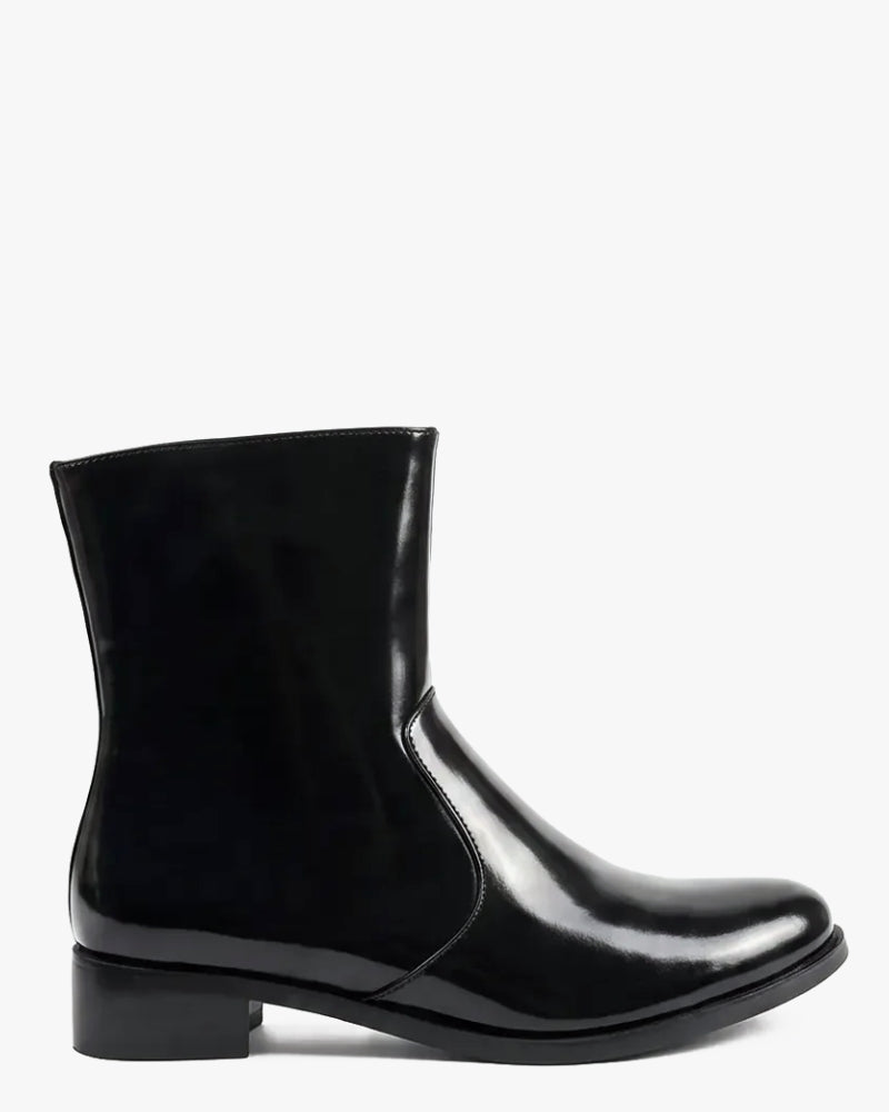Mila Ankle Boot in Eclipse – high-shine finish with side zip, women's sizes 10–15