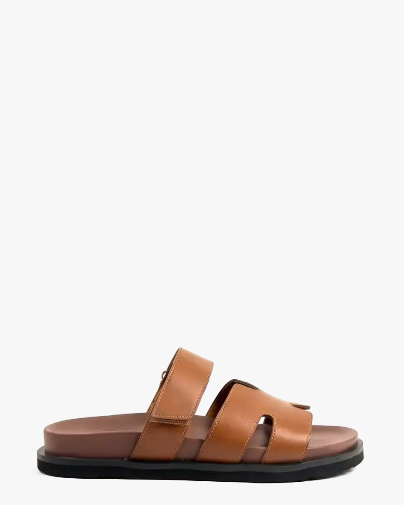 Poppy Slide in Caramel – cut-out upper with adjustable strap, women's sizes 10–15