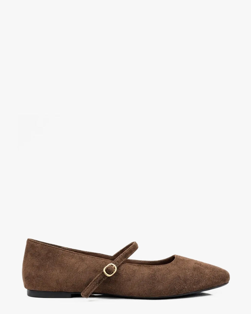 Sophia Ballet Flat in Espresso Suede – adjustable strap with metal buckle, women's sizes 10–15