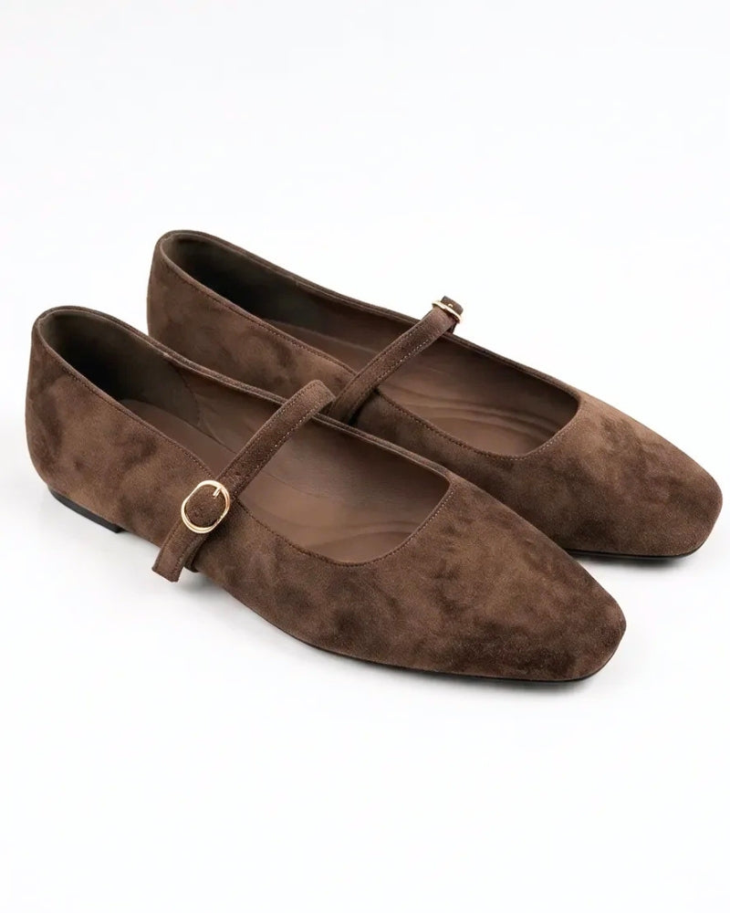 Sophia Ballet Flat in Espresso Suede – slim strap and metal buckle detail