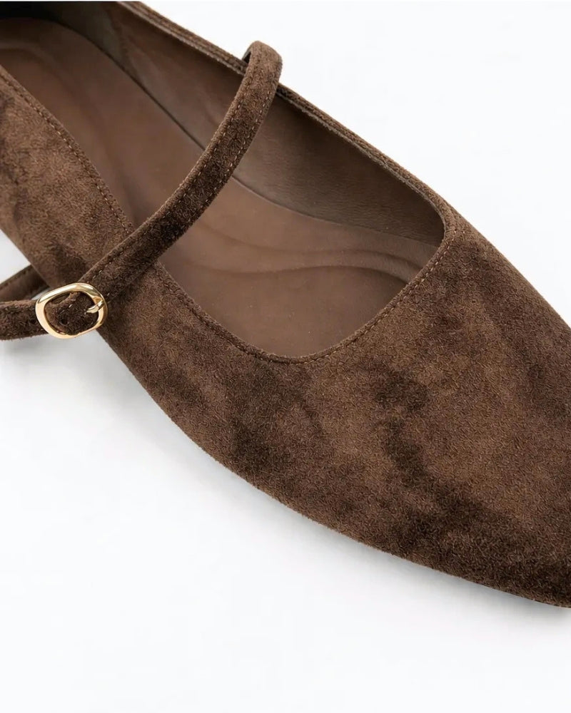 Sophia Ballet Flat in Espresso Suede – soft square toe