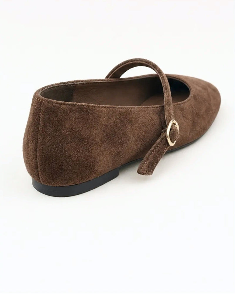 Sophia Ballet Flat in Espresso Suede – low-profile flat sole