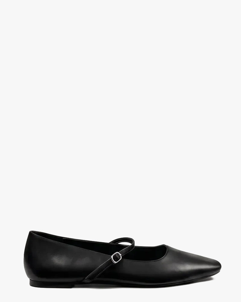 Sophia Ballet Flat in Onyx – adjustable strap with metal buckle, women's sizes 10–15
