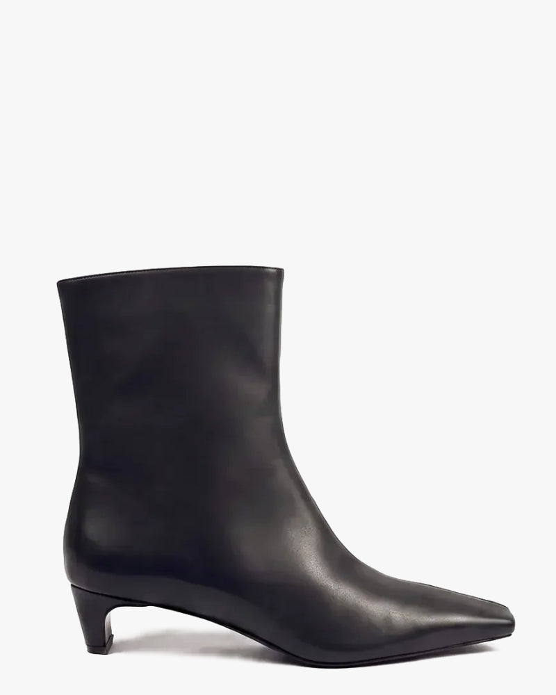Valentina Ankle Boot in Onyx – elongated square-point toe with centre seam, women's sizes 10–15
